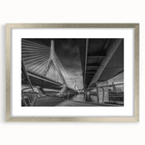 Textured abstract art print of Boston skyline in silver frame, using a palette of cool grays and blues.