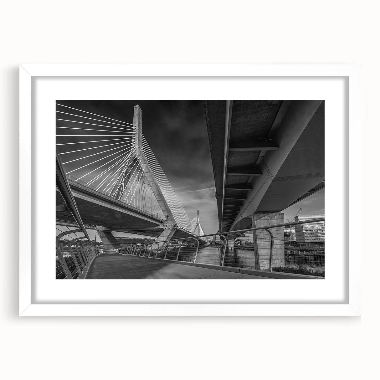 Abstract art print of Boston skyline in muted blues and grays, framed with a white mat, ideal for dining room decor.
