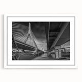Abstract art print of Boston skyline in muted blues and grays, framed with a white mat, ideal for dining room decor.