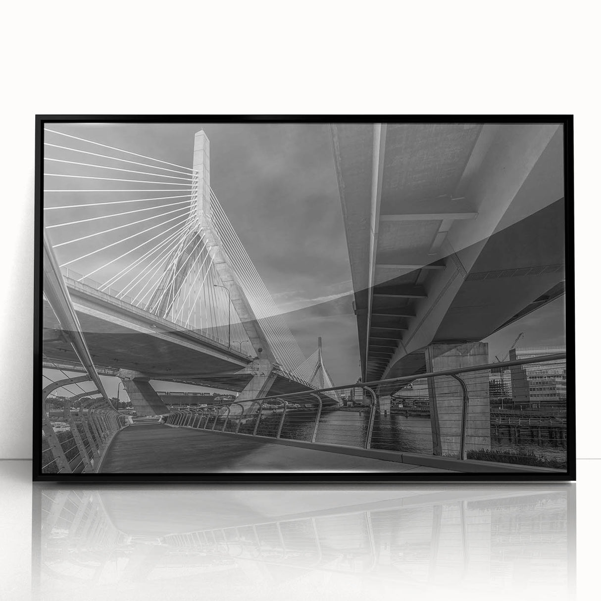 Large abstract wall art depicting a stylized Boston skyline in muted gray tones on a framed acrylic print.