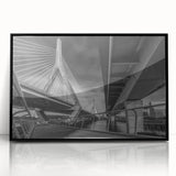 Large abstract wall art depicting a stylized Boston skyline in muted gray tones on a framed acrylic print.