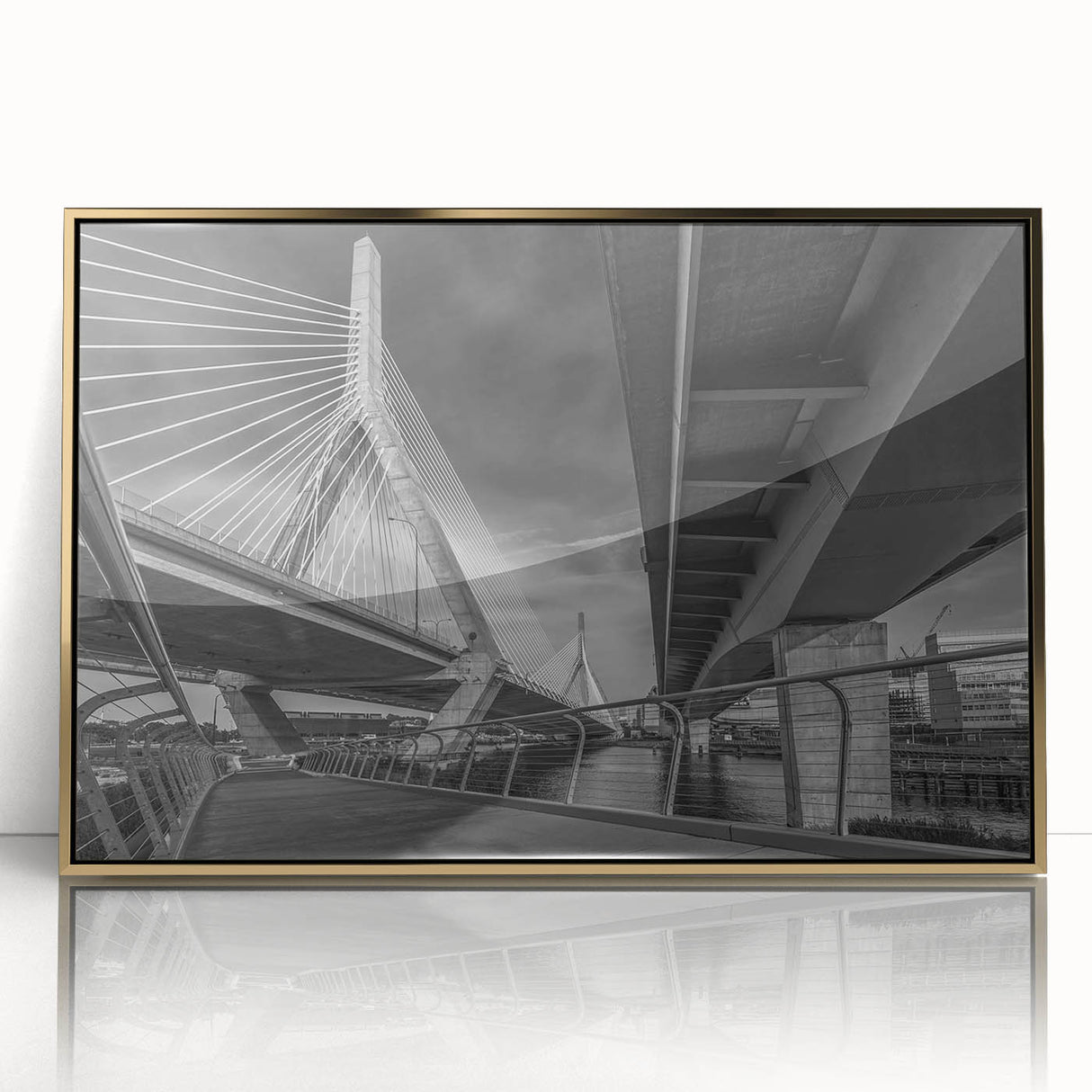 Framed acrylic print of Boston skyline in muted gold tones, ideal for modern art wall decor.