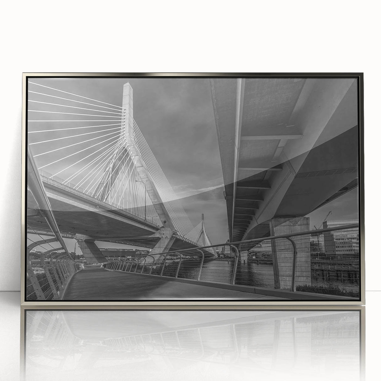 Mid-century modernist art of Boston skyline in muted gray and blue tones on framed acrylic, ideal for modern art wall decor.