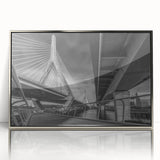 Mid-century modernist art of Boston skyline in muted gray and blue tones on framed acrylic, ideal for modern art wall decor.