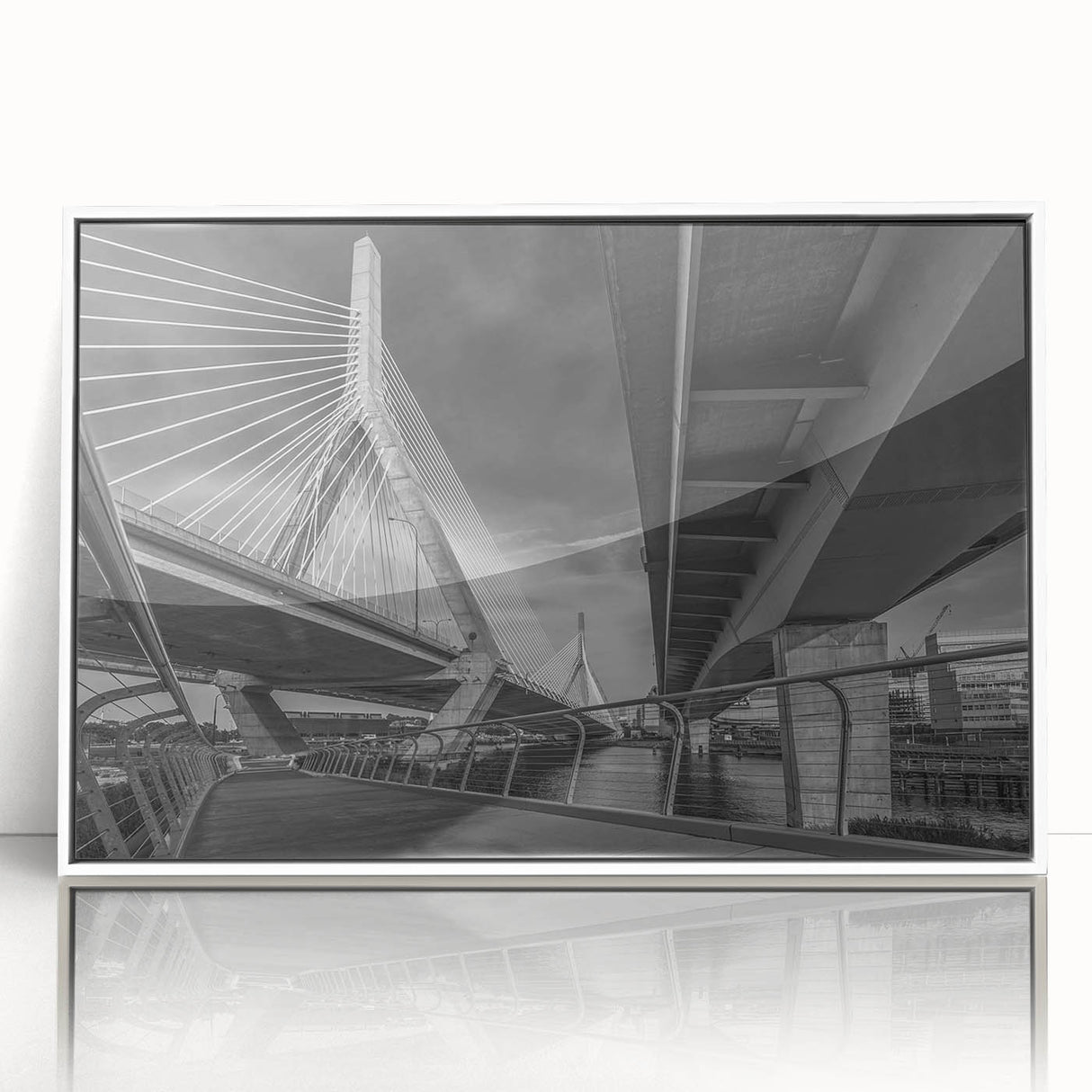 Art deco poster of Boston skyline in muted gray and blue tones on framed acrylic, suitable for modern art wall decor.