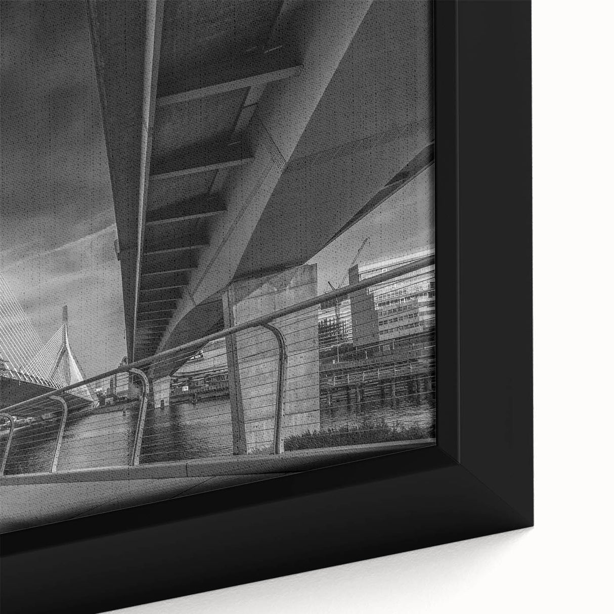 Close-up of a black canvas featuring textured, colorful art of the Boston skyline, ideal for living room decor.