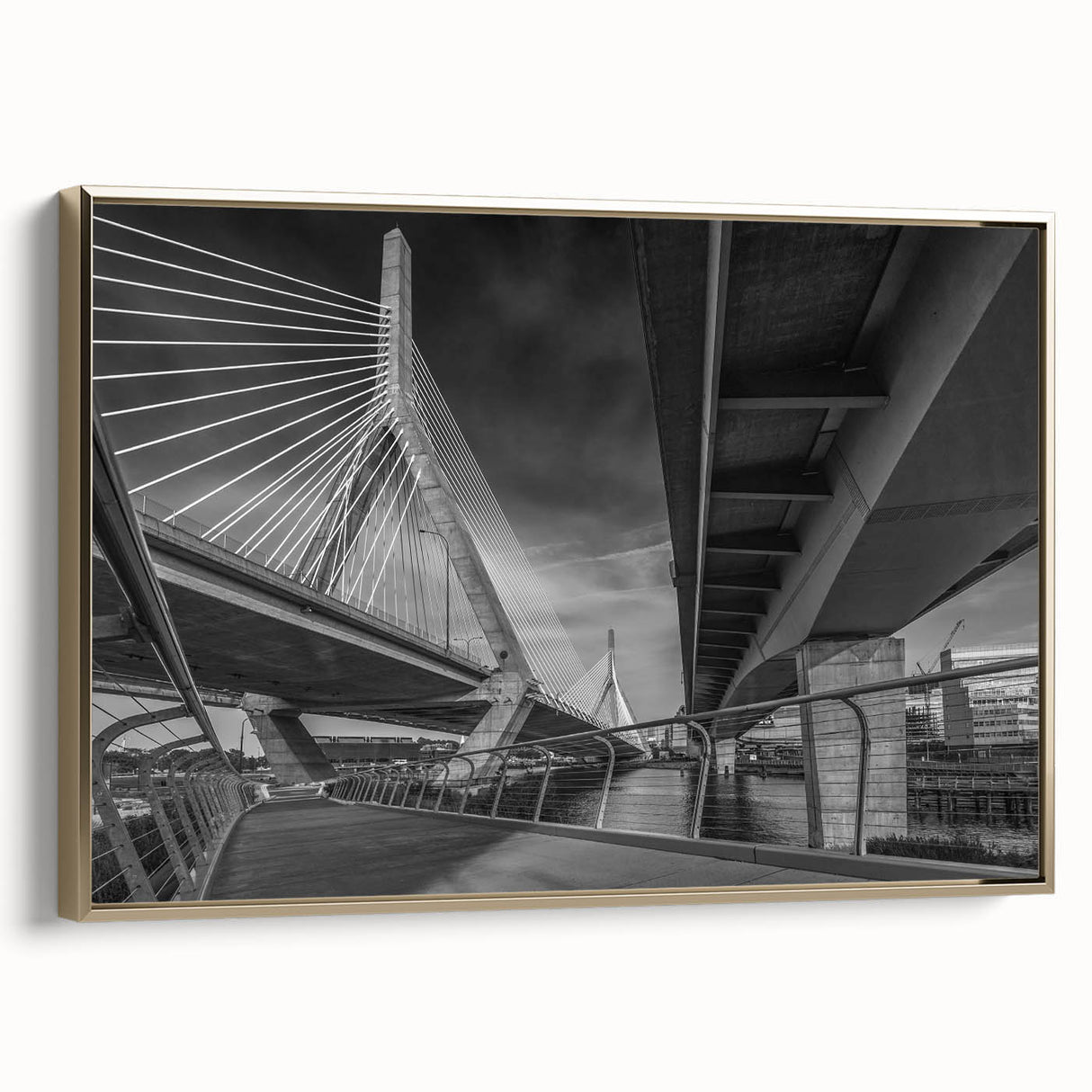 Framed canvas featuring a vintage-style landscape painting of Boston, in muted gold and black tones.