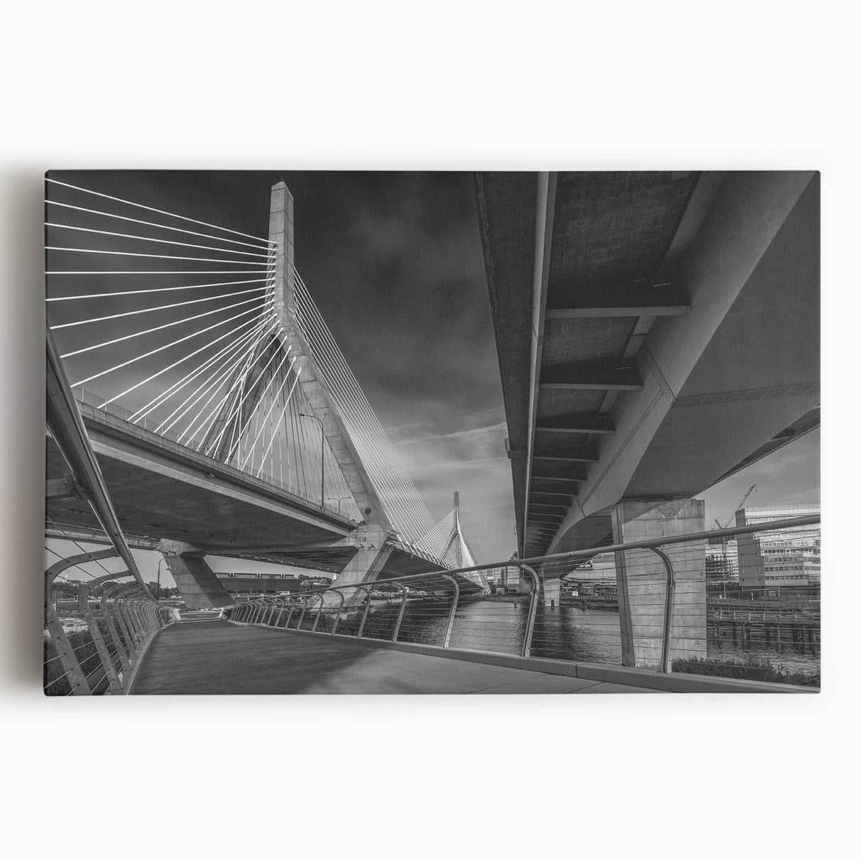 Black and white stretched canvas of Boston skyline, large art suitable for kitchen wall decor.