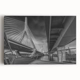 Black and white stretched canvas of Boston skyline, large art suitable for kitchen wall decor.