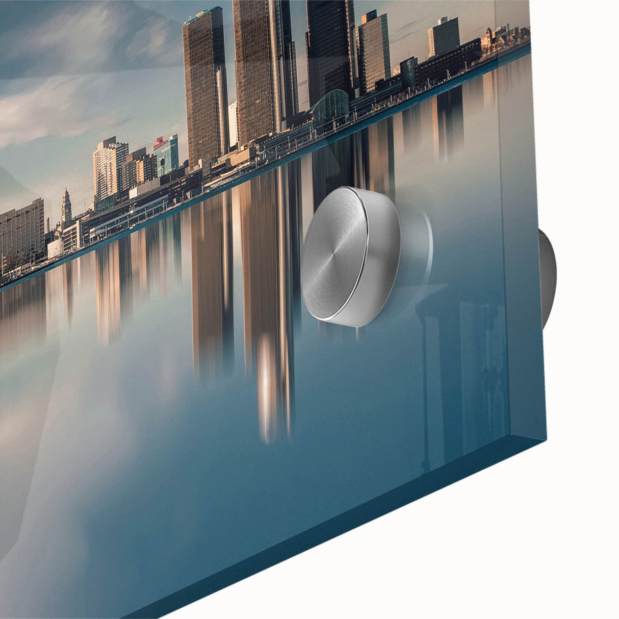 Large abstract depiction of Detroit skyline in muted gray and blue tones on acrylic glass, ideal for dining room art.