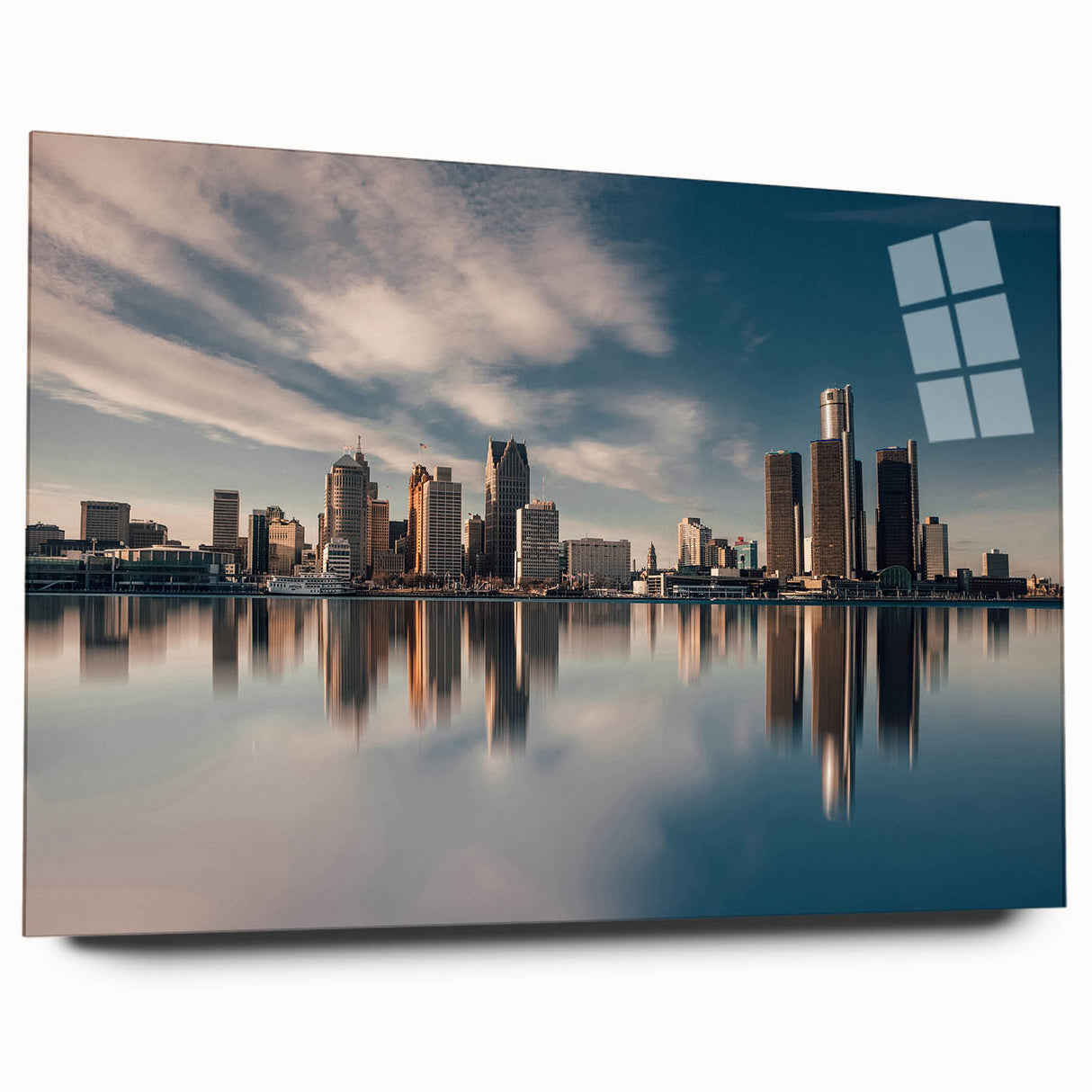 Large abstract wall art of Detroit skyline in muted blue and gray tones on acrylic glass.