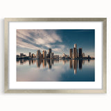 Textured abstract art print of Detroit skyline in muted gray and blue tones, framed in silver, ideal for bedroom art.