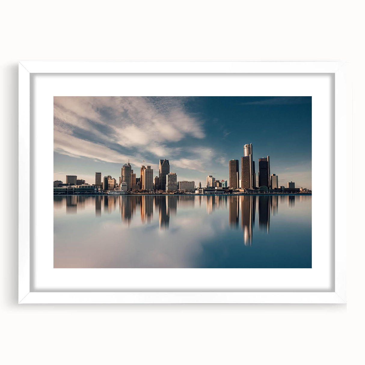 Abstract art print of Detroit skyline in muted gray and blue tones on a framed poster, suitable for dining room decor.