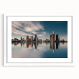 Abstract art print of Detroit skyline in muted gray and blue tones on a framed poster, suitable for dining room decor.