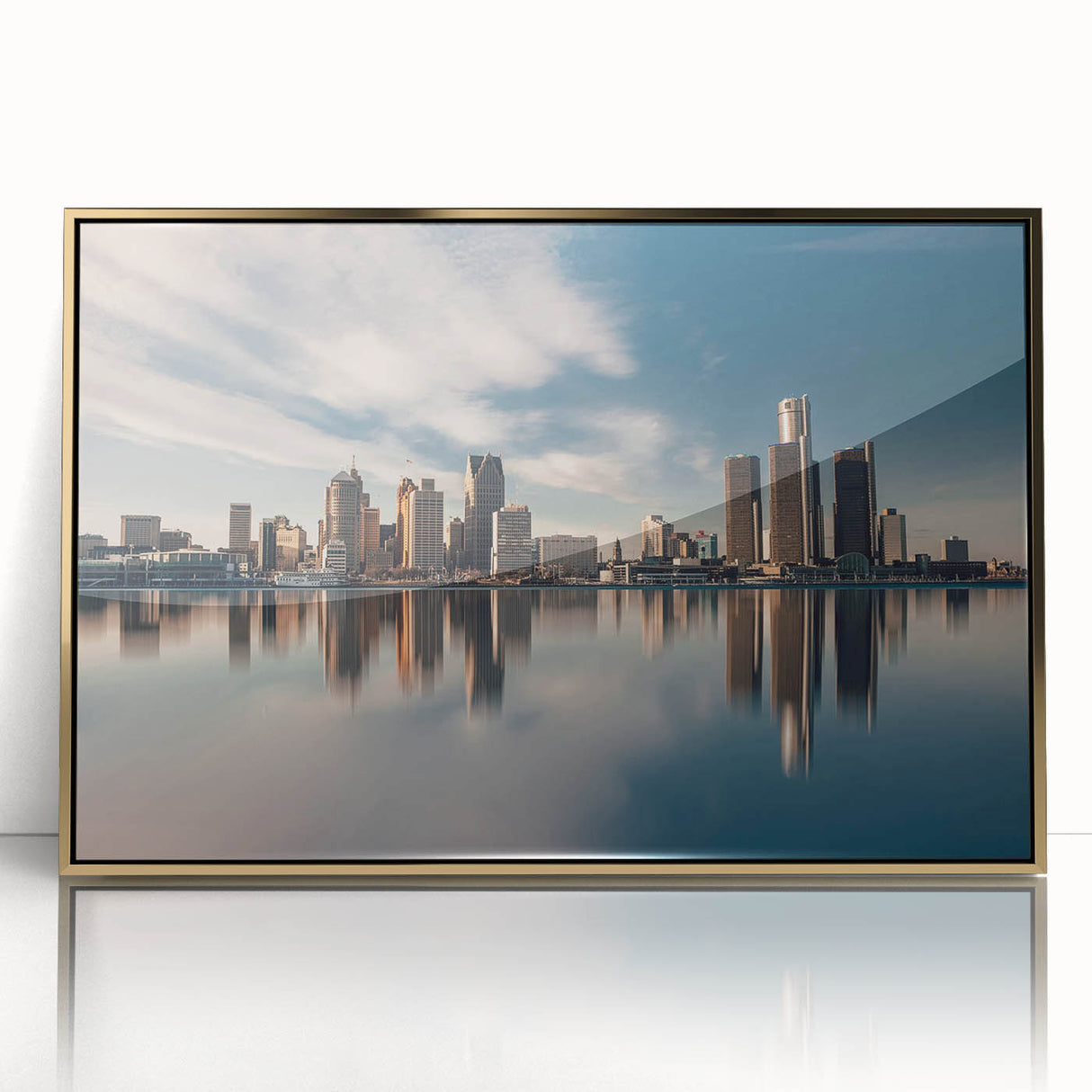 Acrylic print of Detroit skyline with gold frame, featuring mid-century modernist style in muted colors.
