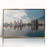 Acrylic print of Detroit skyline with gold frame, featuring mid-century modernist style in muted colors.