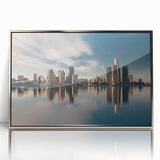 Mid-century modernist art depicting Detroit skyline in muted gray tones on a silver-framed acrylic print.