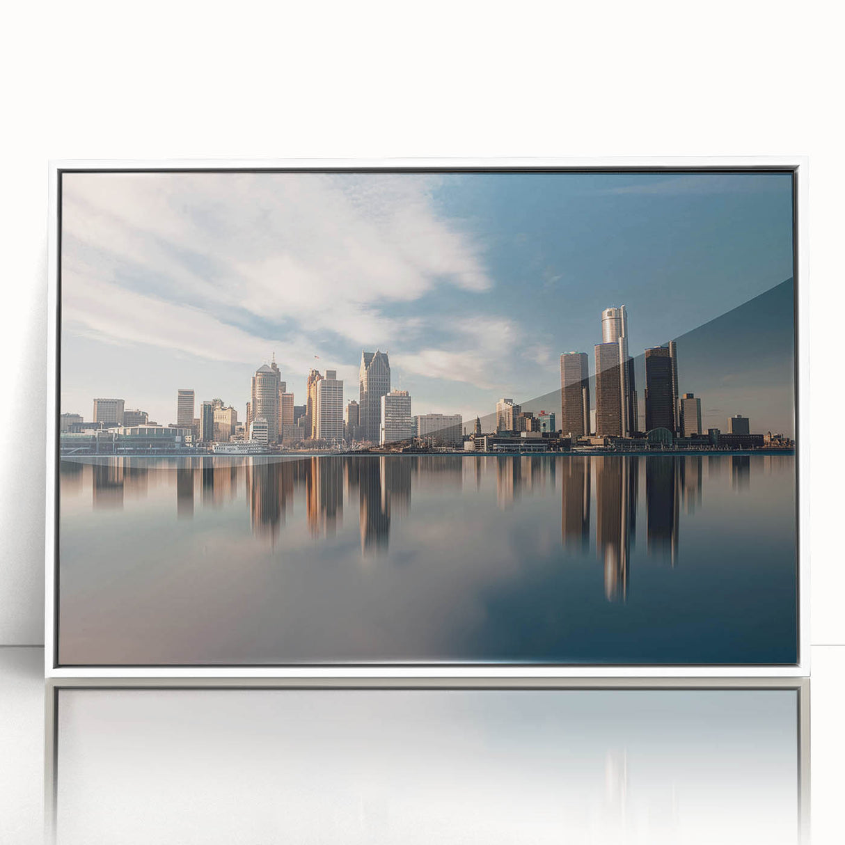 Art deco poster of Detroit skyline in muted gray and blue tones on framed acrylic, ideal for modern bedroom ambiance.