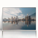 Art deco poster of Detroit skyline in muted gray and blue tones on framed acrylic, ideal for modern bedroom ambiance.