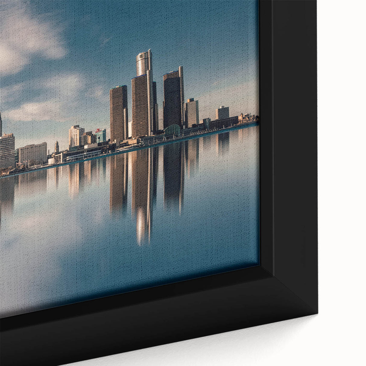 Extra large framed canvas depicting a textured scene of Detroit skyline in black with vibrant colorful accents.