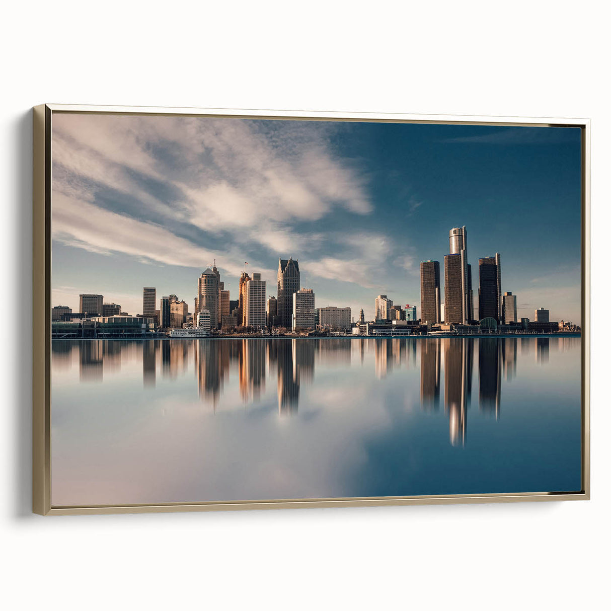 Framed canvas of a vintage Detroit landscape in muted gold and black tones, ideal for bedroom wall art.
