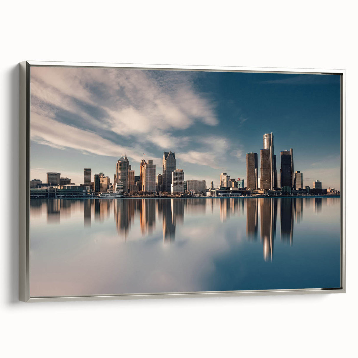Framed canvas of a vintage Detroit landscape with colorful art in muted tones, ideal for decorating a living room.