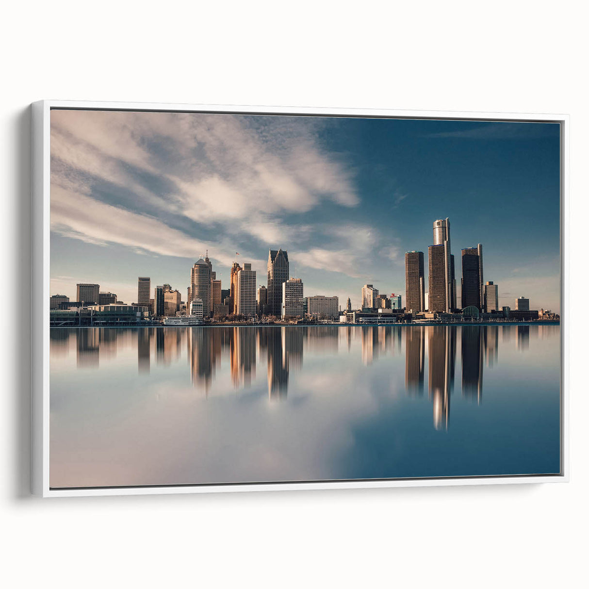 Vintage poster art of Detroit skyline in colorful hues on a large framed canvas, ideal for living room decor.