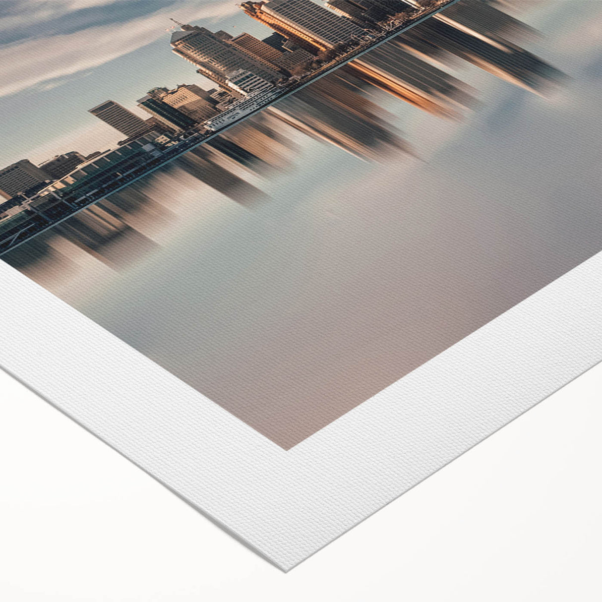 Art Deco-style poster of Detroit skyline in muted gray and blue tones on rolled canvas, suitable for dining room wall art.