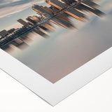 Art Deco-style poster of Detroit skyline in muted gray and blue tones on rolled canvas, suitable for dining room wall art.