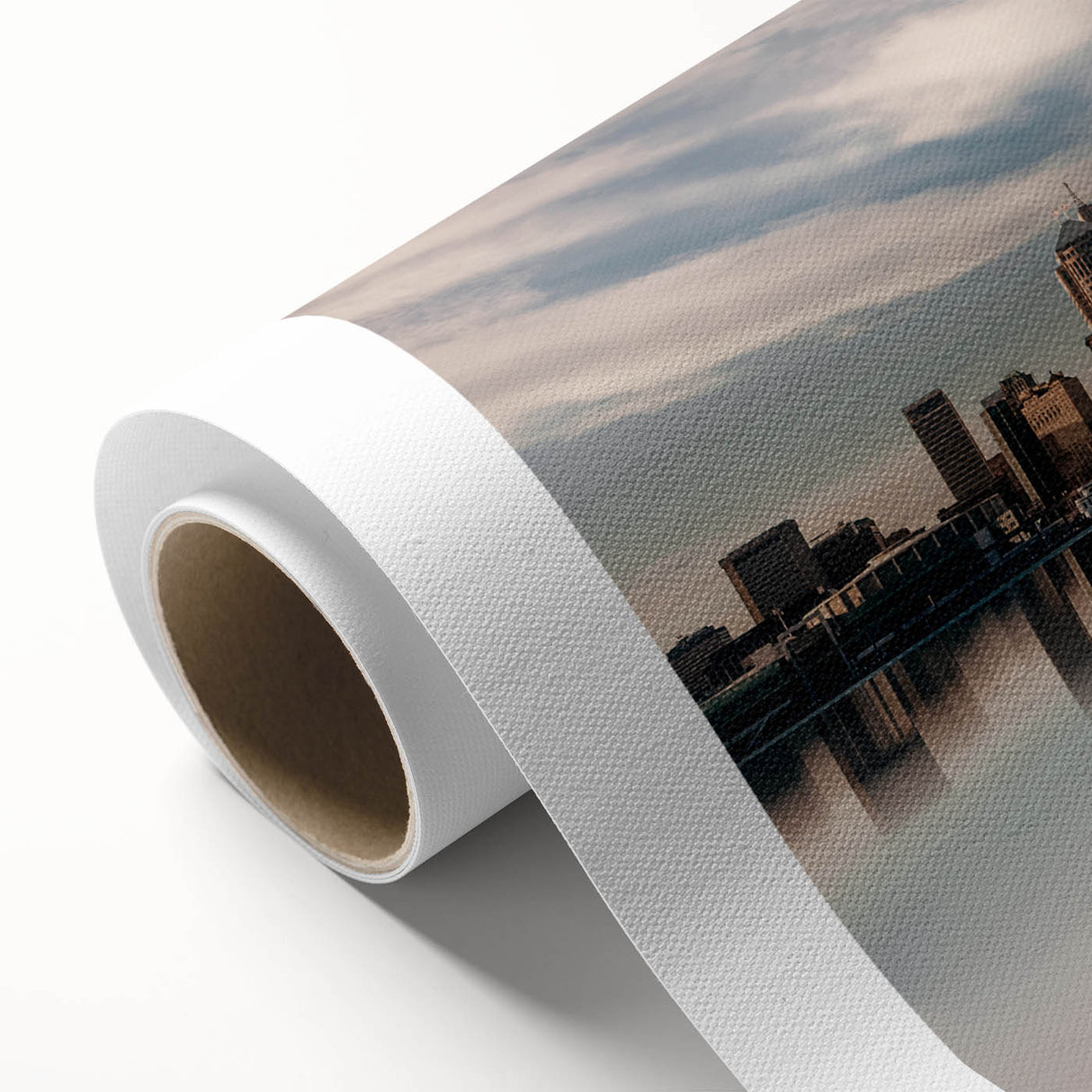 Art deco poster of Detroit skyline in muted gray and blue tones on rolled canvas, ideal for nursery wall art.
