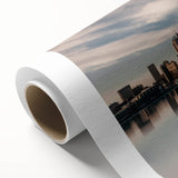 Art deco poster of Detroit skyline in muted gray and blue tones on rolled canvas, ideal for nursery wall art.