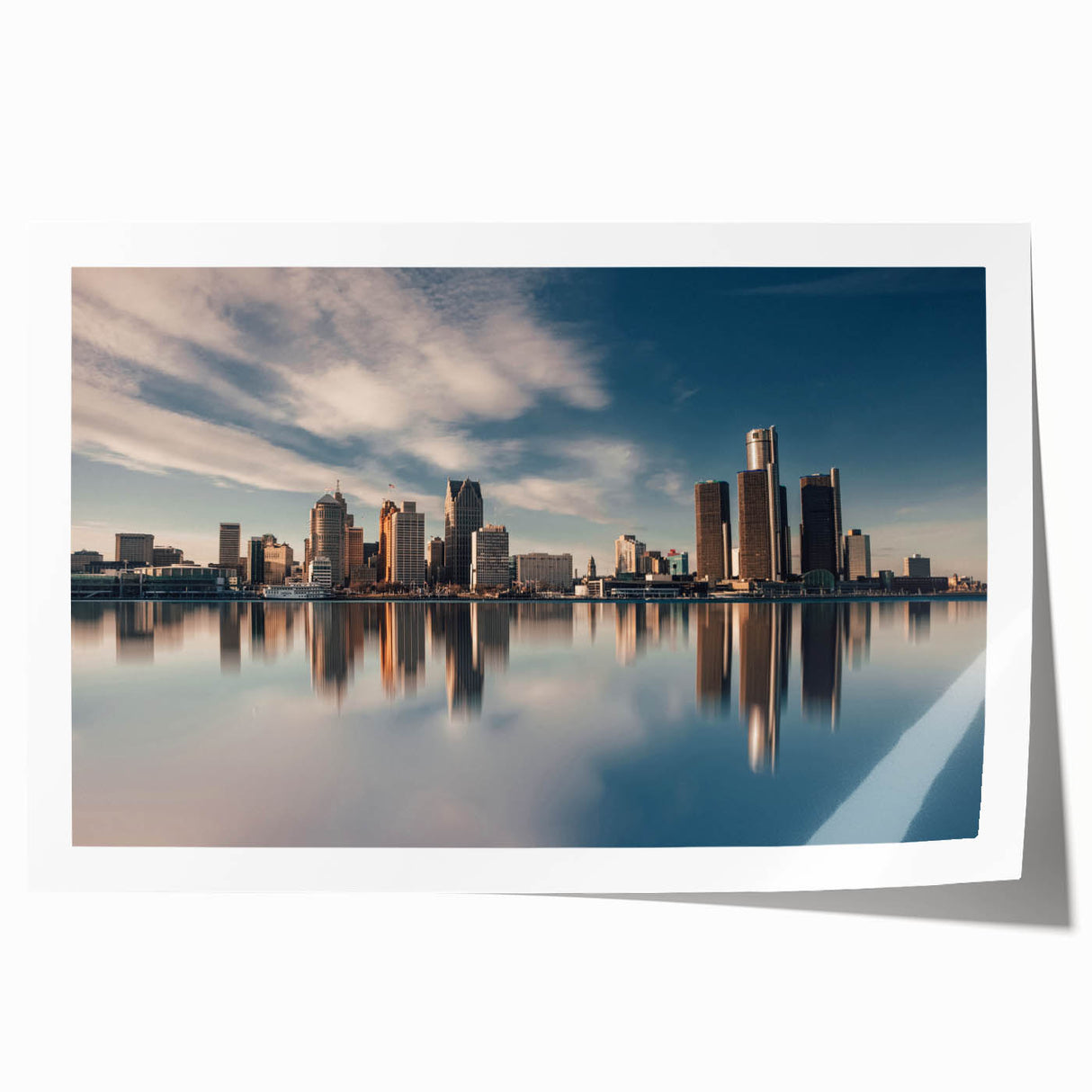 Rolled print of Detroit skyline in muted gray tones, ideal for art wall dining room.