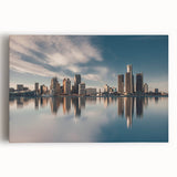 Black and white photo of Detroit skyline on stretched canvas, suitable for kitchen wall art.