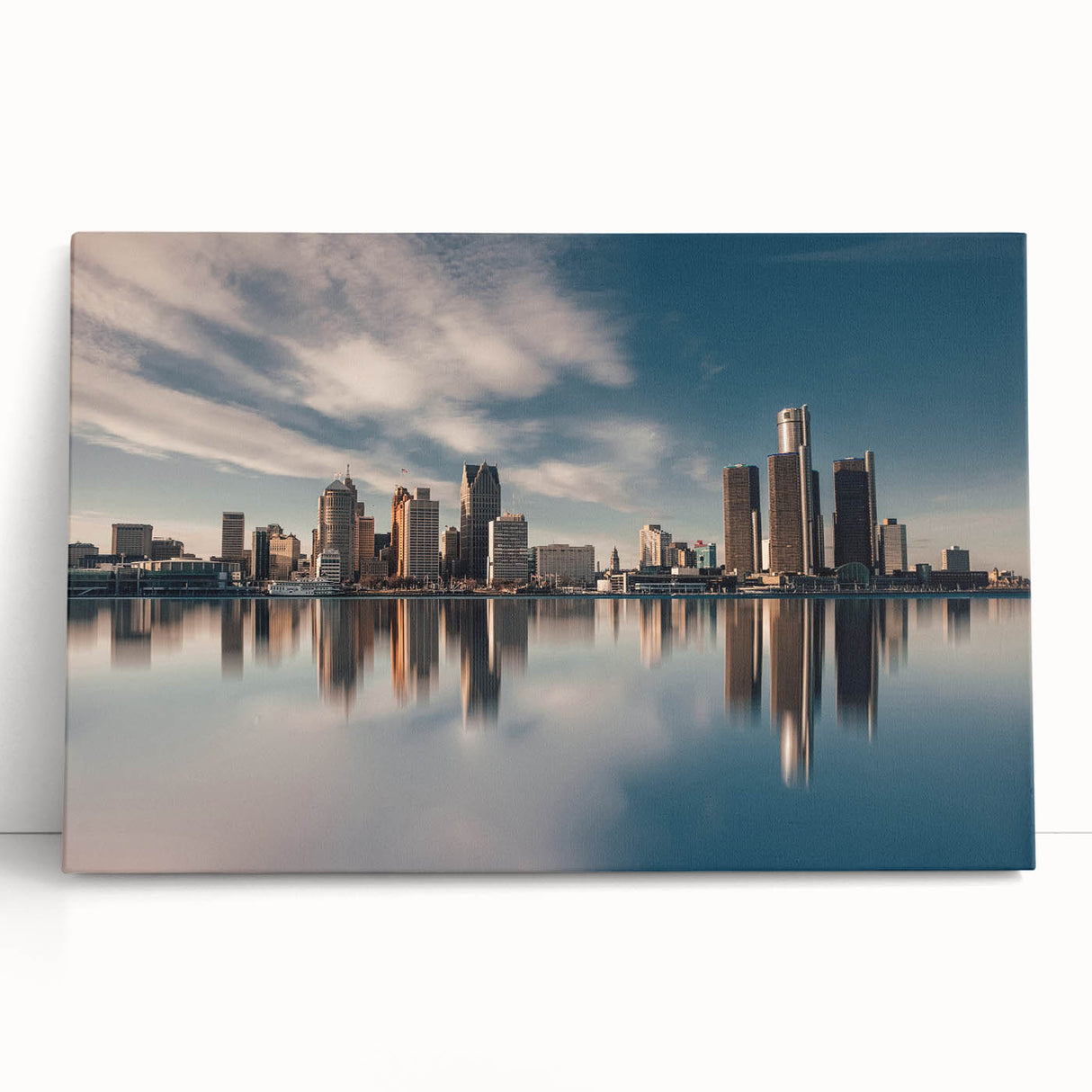 Black and white stretched canvas of Detroit skyline, ideal for kitchen wall art or bedroom ambiance.