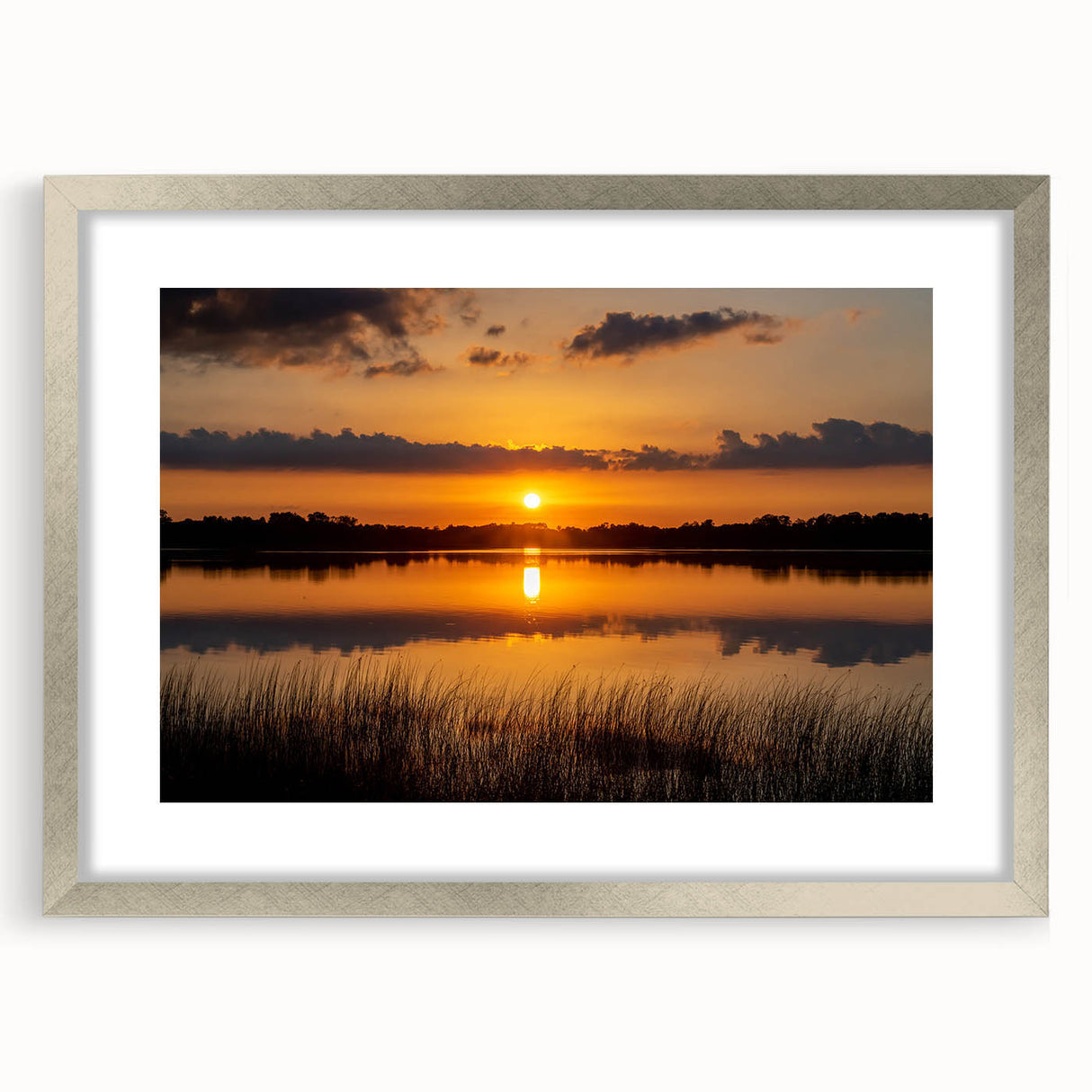 Textured abstract art print depicting a serene Minnesota landscape in muted earth tones, framed in silver.
