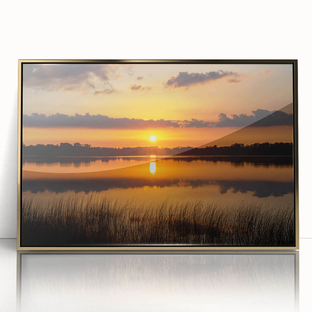 Mid-century modernist style large art print of a Minnesota landscape in muted earth tones, framed in gold acrylic.