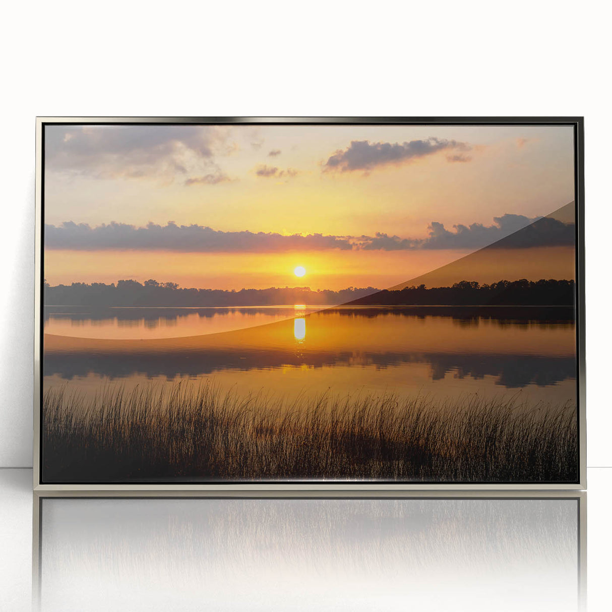 Mid-century modernist art depicting a serene Minnesota landscape in muted earth tones, framed acrylic.