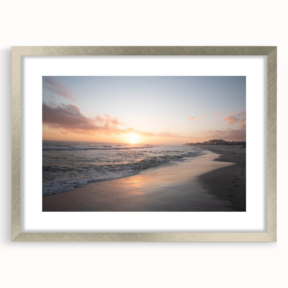 Textured abstract art print of a Mississippi landscape in muted earth tones on a framed silver mat, ideal for bedroom decor.