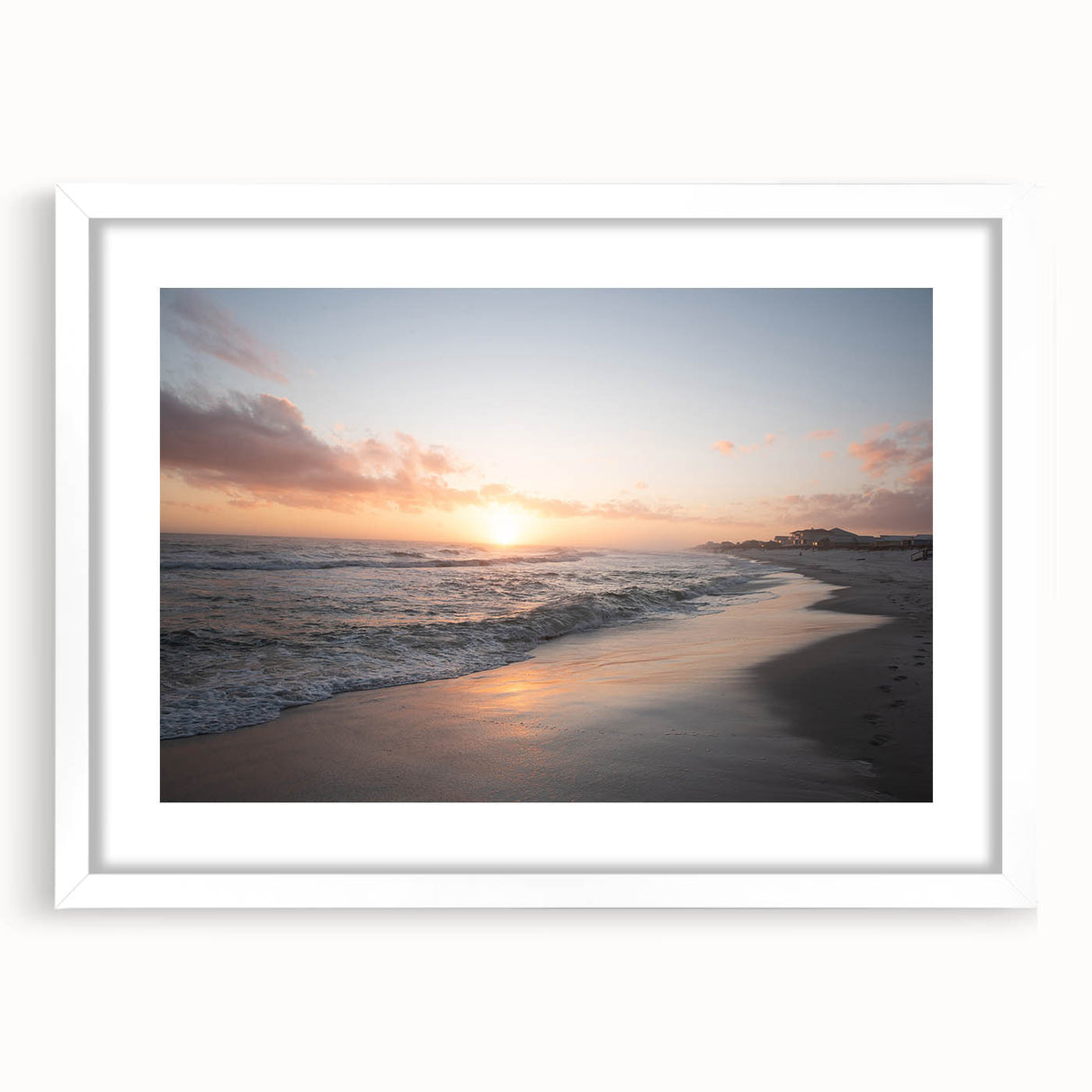Abstract art print of a stylized Mississippi landscape in muted blues and greens, framed with a white mat.