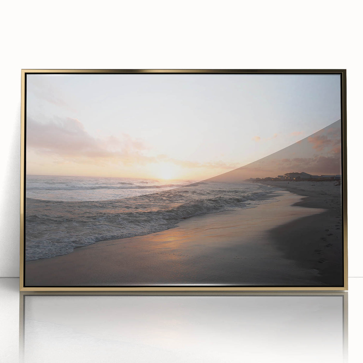 Large art print of a Mississippi landscape in mid-century modernist style, framed in gold acrylic.