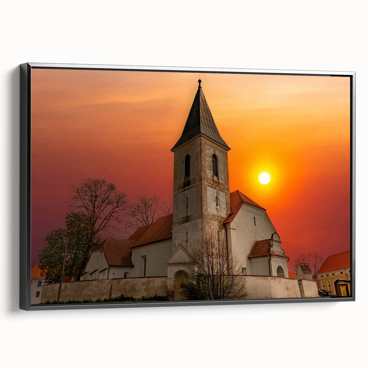 Black and white framed canvas of Kansas City landscape, ideal for bedroom wall decor.