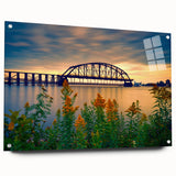 Acrylic print of St. Louis skyline in muted earth tones, suitable for bedroom or dining room decor.