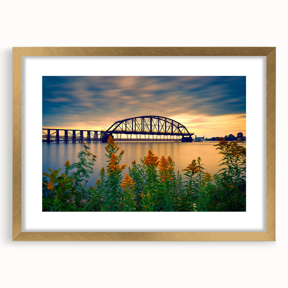 Extra large abstract art print of St. Louis skyline in textured gold frame, ideal for living room decor.