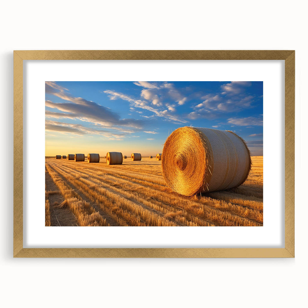 Abstract art print of Nebraska scenery in textured gold frame, ideal for extra large wall art in living room.