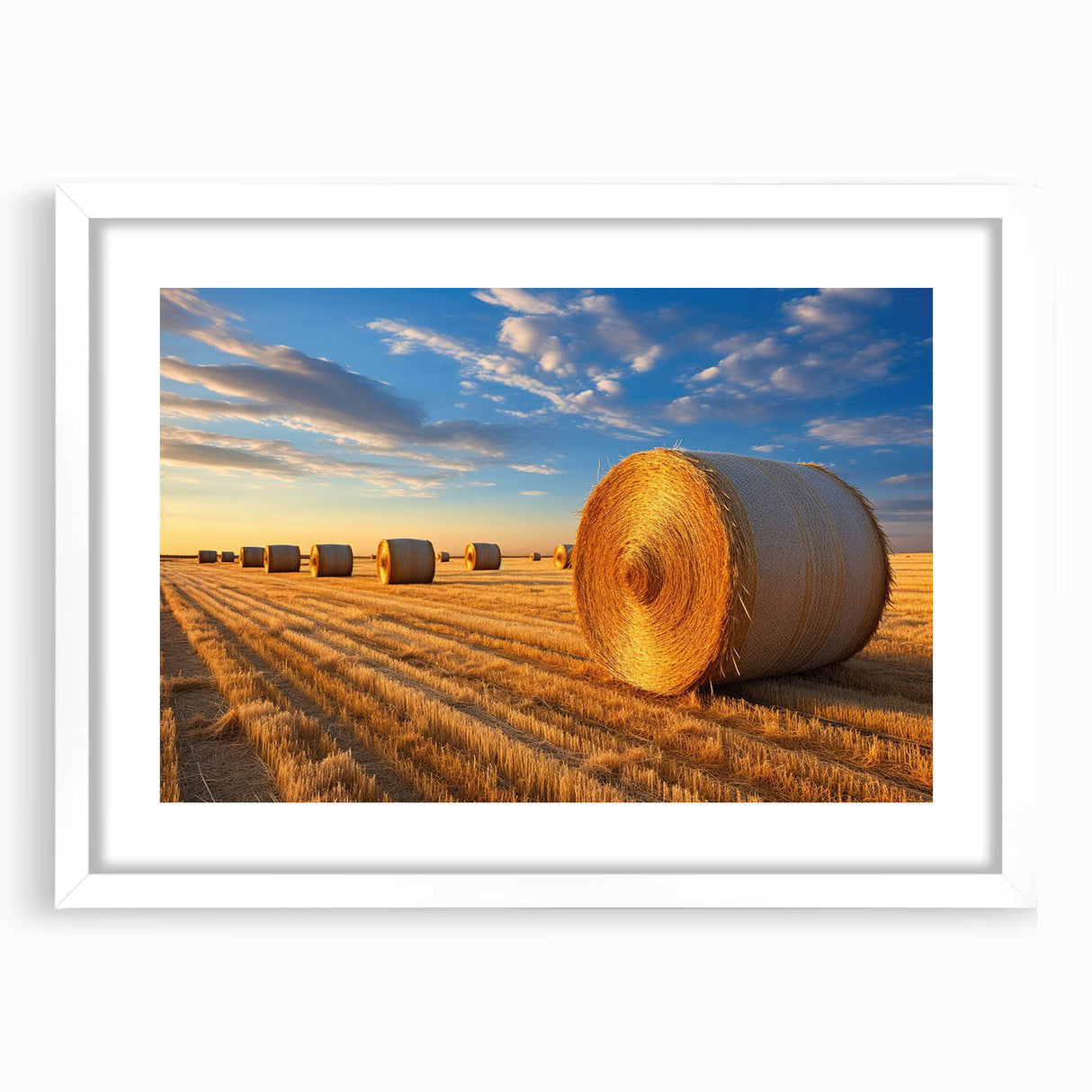 Abstract art print of Nebraska scenery in muted earth tones on a white matted frame, suitable for dining room decor.