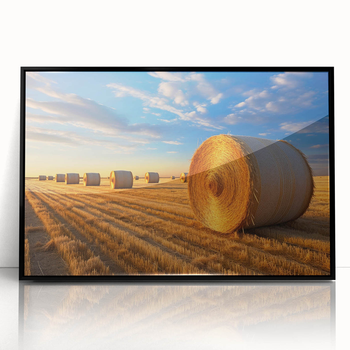 Large abstract wall art depicting a Nebraska landscape in muted earth tones, framed in black acrylic.
