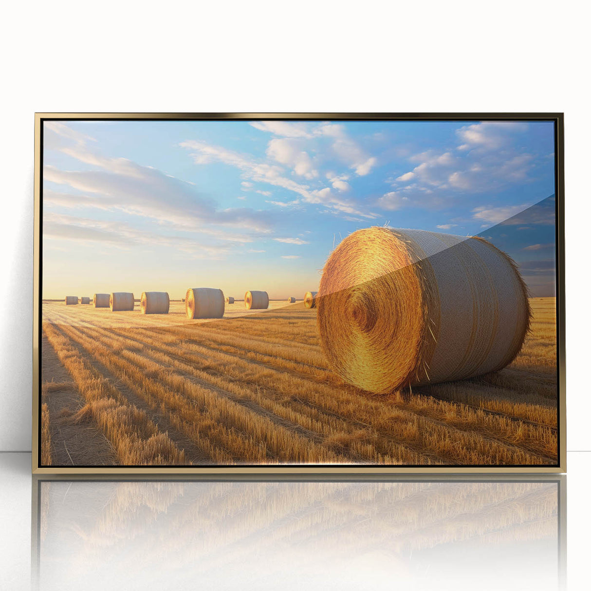 Large art print of a Nebraska landscape in muted earth tones, acrylic framed in gold, suitable for modern nursery wall art.