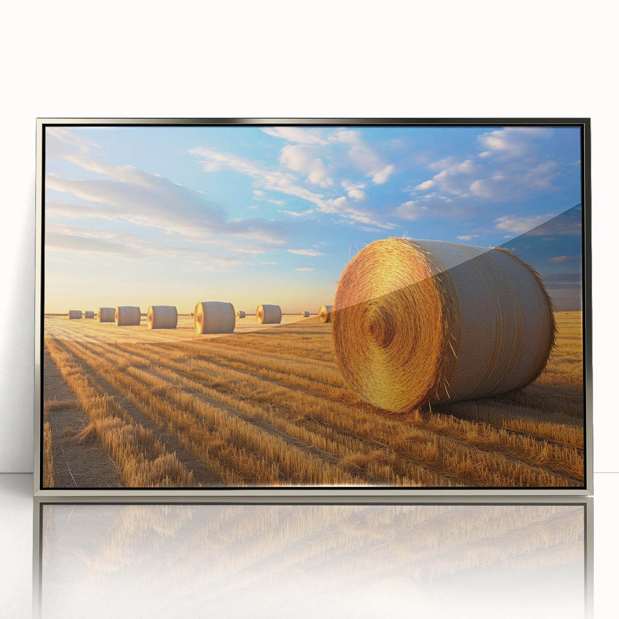Mid-century modernist art depicting Nebraska scenery in muted earth tones on a silver-framed acrylic print.