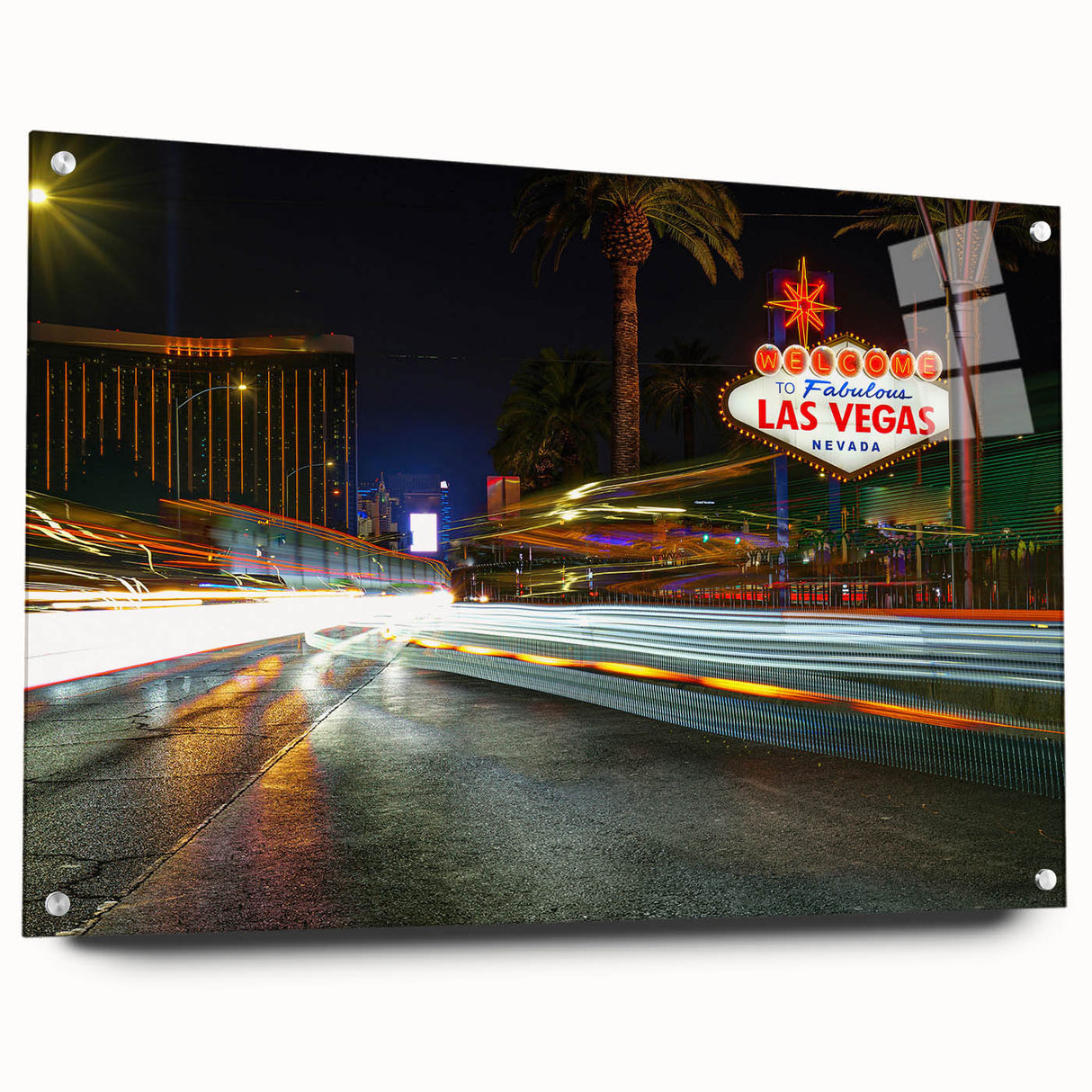 Acrylic print of Las Vegas skyline in vibrant twilight hues, ideal for modern bedroom or dining room decor.