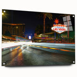 Acrylic print of Las Vegas skyline in vibrant twilight hues, ideal for modern bedroom or dining room decor.
